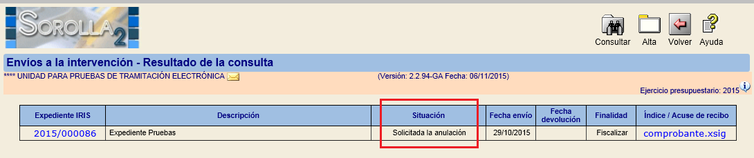 Pantalla dónde se refleja la solicitud de anulación desde SOROLLA2 de un expediente que se encuentra en la intervención (IRIS) 