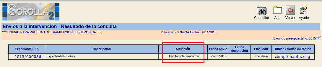 Pantalla dónde se refleja la solicitud de anulación desde SOROLLA2 de un expediente que se encuentra en la intervención (IRIS)