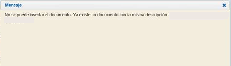 Pantalla de error al asociar un justificante a un expediente por duplicidad de documentos