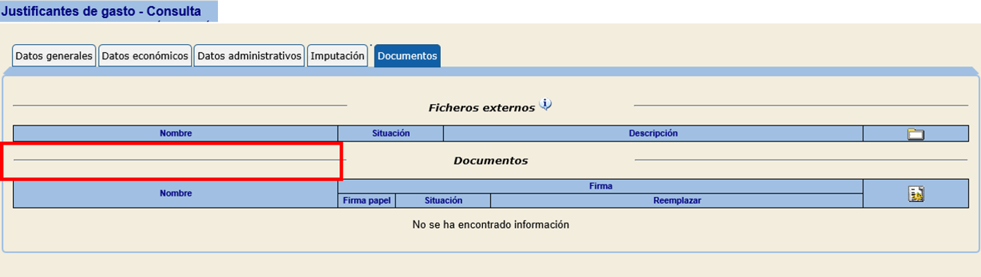 Pantalla en la que se comparan los documentos asociados al justificante y los asociados al expediente