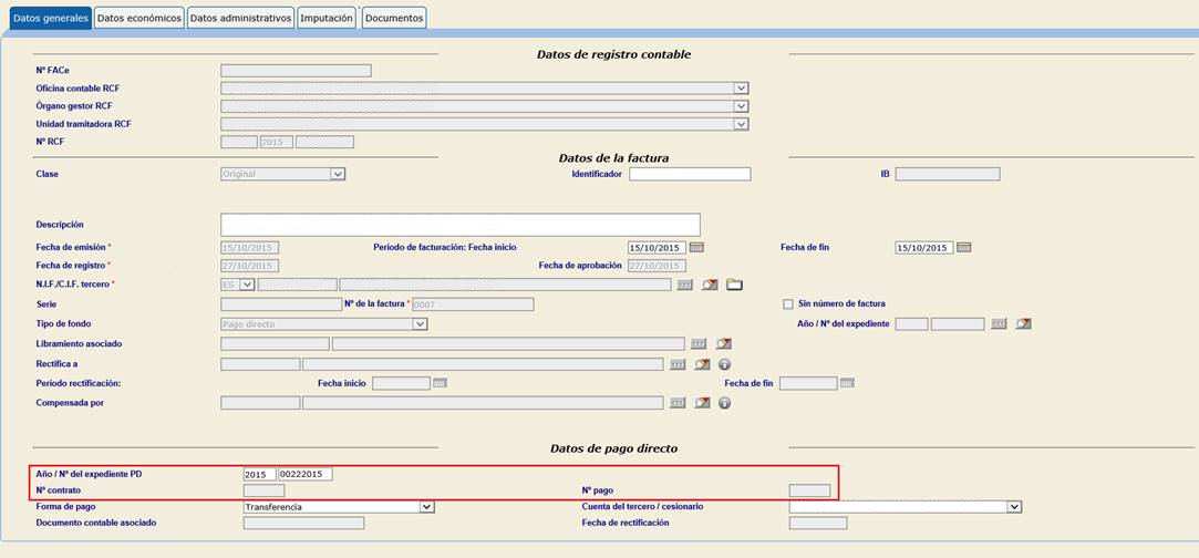 Pantalla en la que se comprueba si un justificante está asociado a un expediente incorrectamente